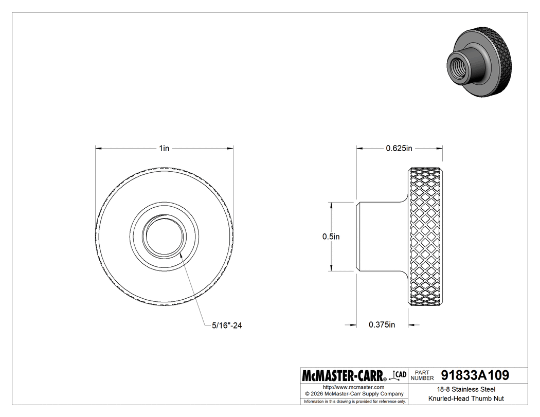 Technical Drawing of 18-8 Stainless Steel Knurled-Head Thumb Nut, 5/16"-24 Thread Size.